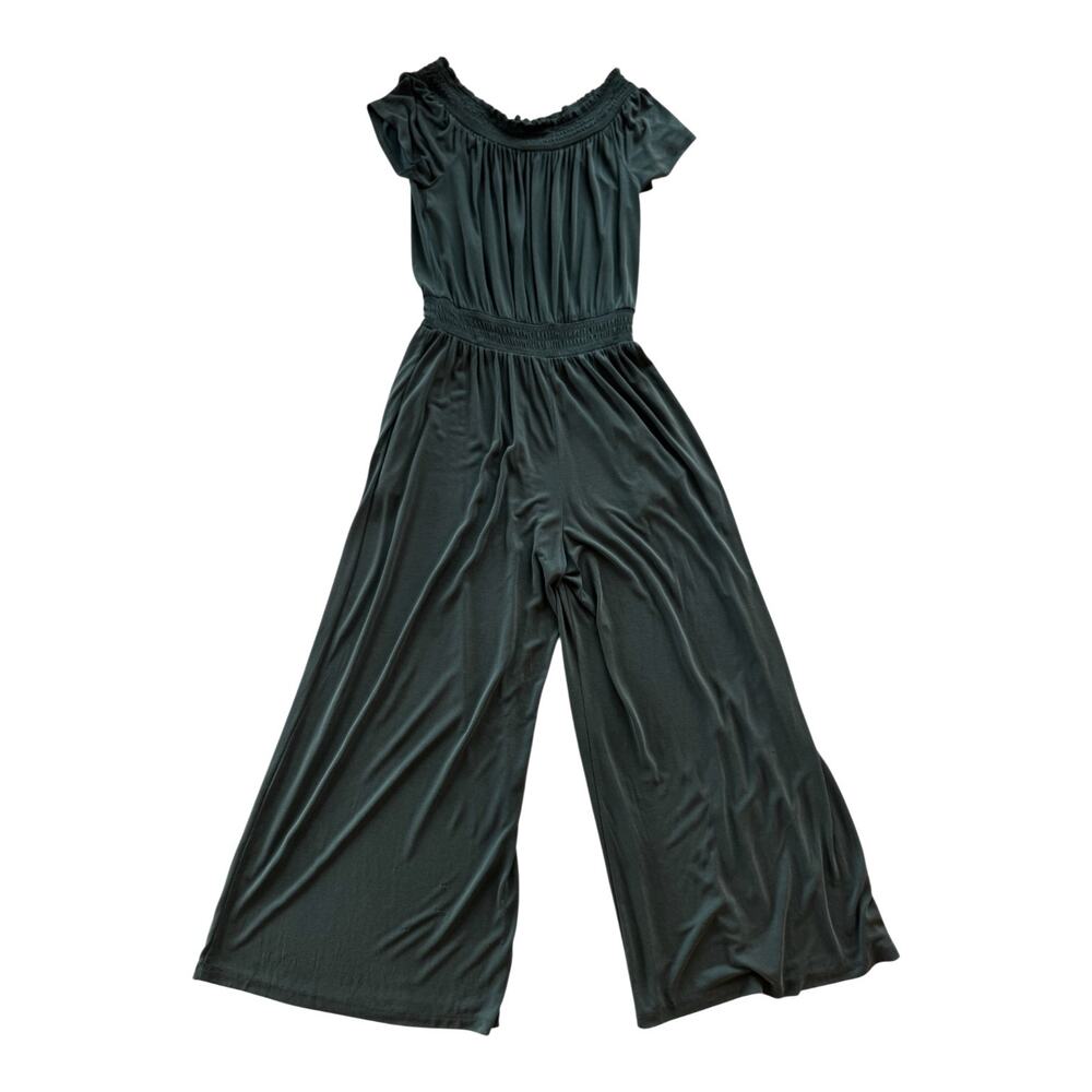 Anthropologie Rebecca Smocked Wide Leg Jumpsuit Teal Women’s Medium Off Shoulder - Picture 4 of 16